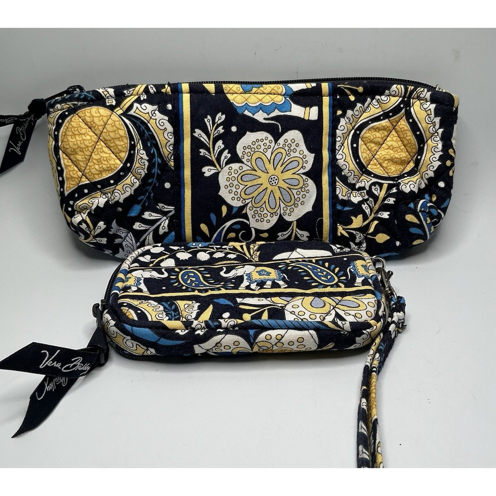 Vera Bradley Set of 2 Cambridge Cosmetic Makeup Zip Top Pouches‎ Green Navy Blue